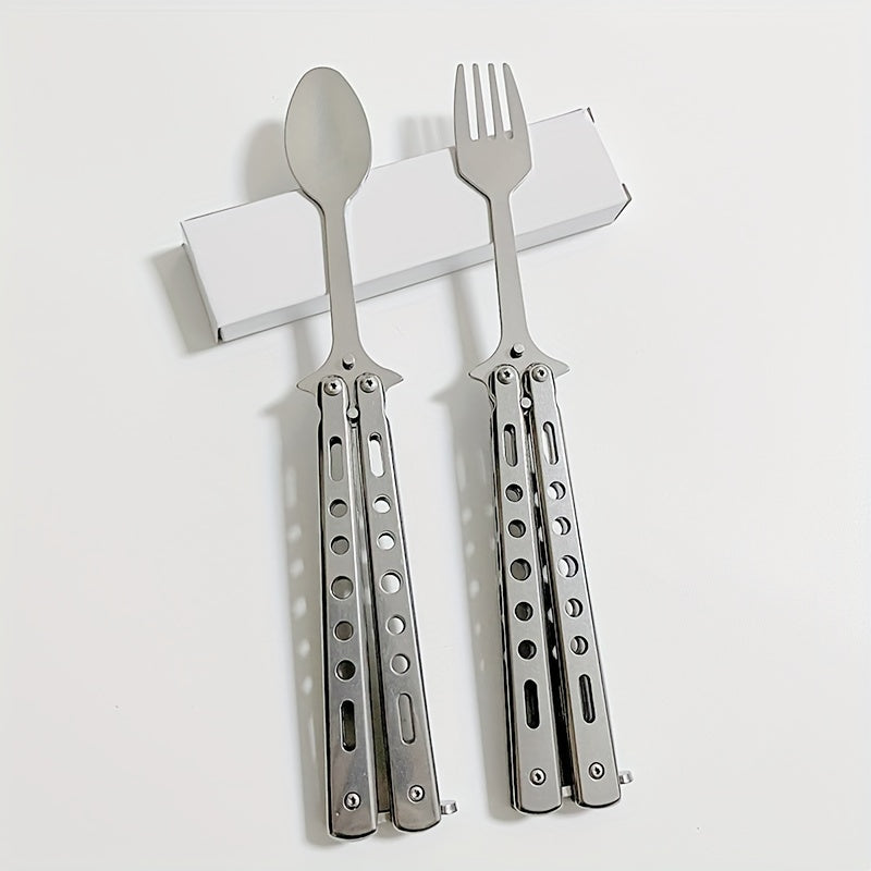 1pc Stainless Steel Butterfly Knife - Folding Butterfly knife with Ergonomic Handle, Safety Lock & Sharp Spoon/Butterfly Blade, Heavy Duty Folding design for Outdoor, Camping, Survival, Everyday Carry (EDC) - Food-Safe, No Po