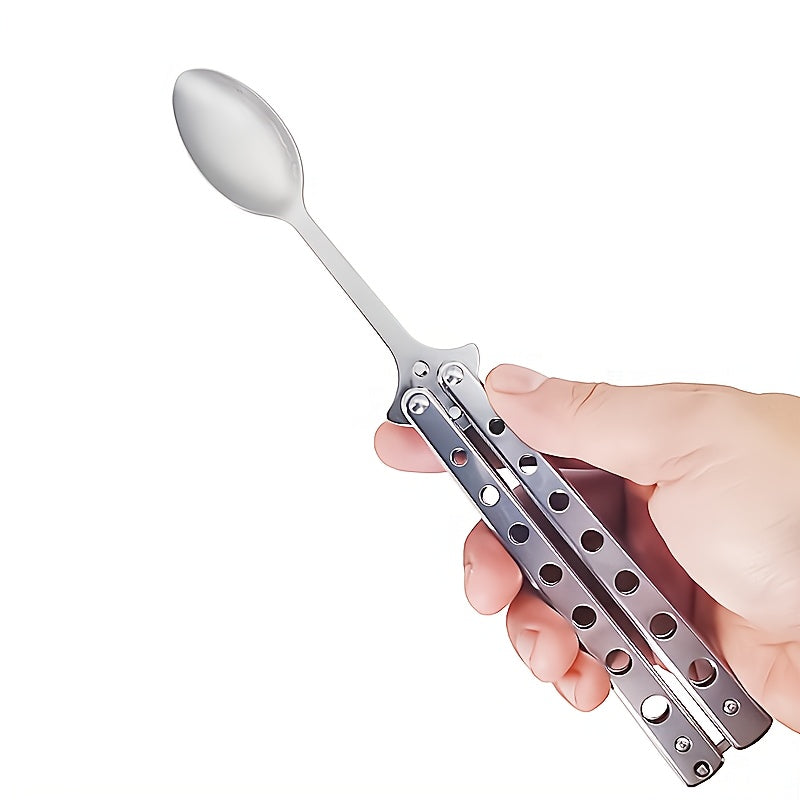 1pc Stainless Steel Butterfly Knife - Folding Butterfly knife with Ergonomic Handle, Safety Lock & Sharp Spoon/Butterfly Blade, Heavy Duty Folding design for Outdoor, Camping, Survival, Everyday Carry (EDC) - Food-Safe, No Po