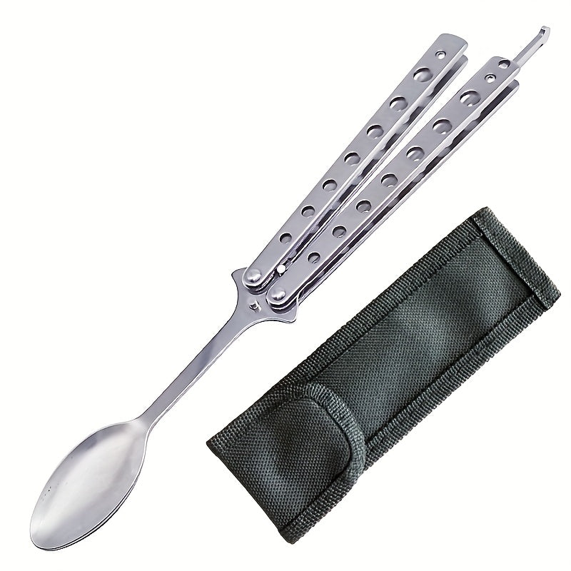 1pc Stainless Steel Butterfly Knife - Folding Butterfly knife with Ergonomic Handle, Safety Lock & Sharp Spoon/Butterfly Blade, Heavy Duty Folding design for Outdoor, Camping, Survival, Everyday Carry (EDC) - Food-Safe, No Po