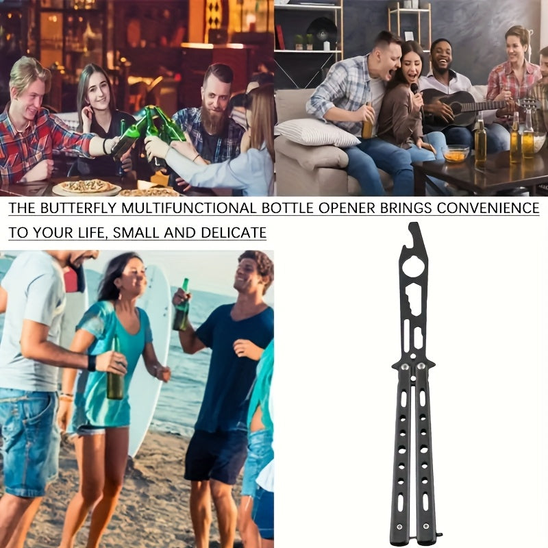 1pc, Stainless steel butterfly knife Bottle opener, practice knife, folding knife, multifunctional beer bottle opener wrench tool, suitable for bars, parties, camping, fishing, festivals - portable metal bottle opener without