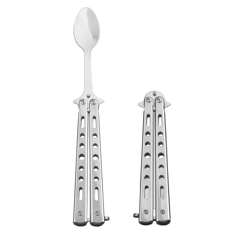 1pc Stainless Steel Butterfly Knife - Folding Butterfly knife with Ergonomic Handle, Safety Lock & Sharp Spoon/Butterfly Blade, Heavy Duty Folding design for Outdoor, Camping, Survival, Everyday Carry (EDC) - Food-Safe, No Po