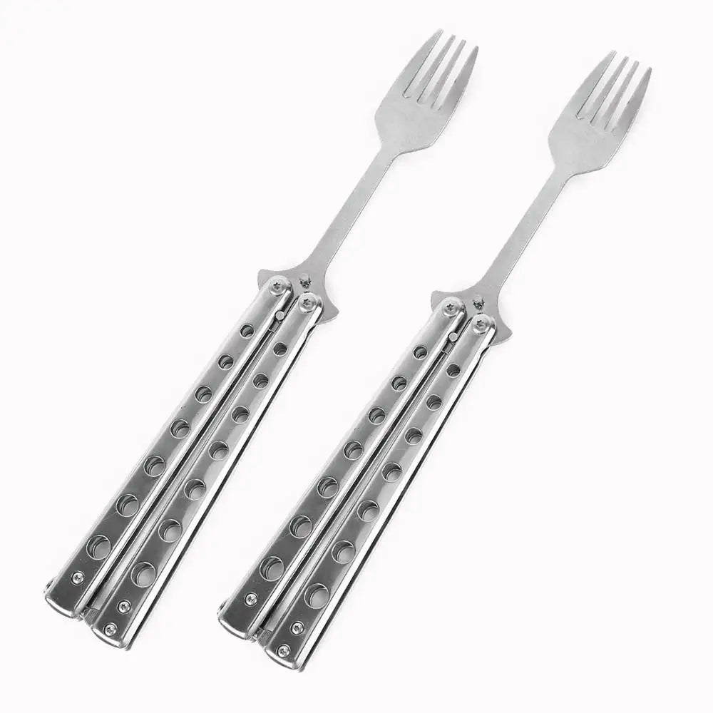 Stainless Steel Tableware Folding Butterfly Knife Style Utensil Fork Spoon Training Butterfly Knives Practice Balisong Trainer