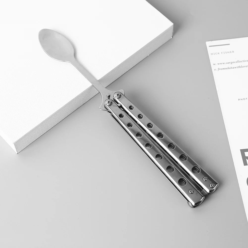 Stainless Steel Tableware Folding Butterfly Knife Style Utensil Fork Spoon Training Butterfly Knives Practice Balisong Trainer