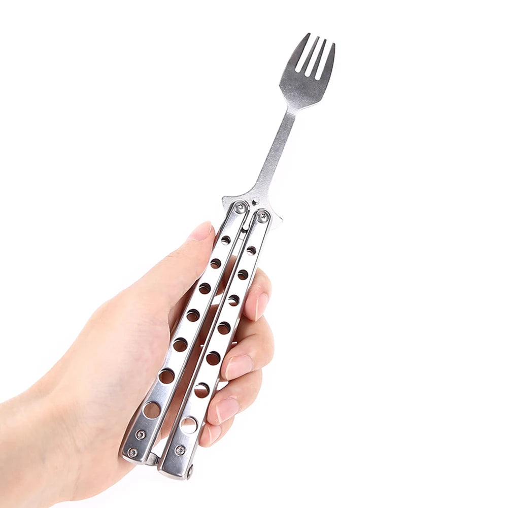 Stainless Steel Tableware Folding Butterfly Knife Style Utensil Fork Spoon Training Butterfly Knives Practice Balisong Trainer