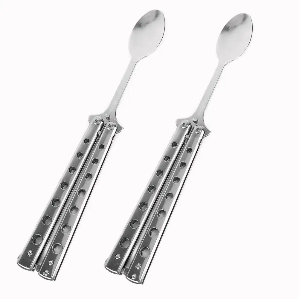 Stainless Steel Tableware Folding Butterfly Knife Style Utensil Fork Spoon Training Butterfly Knives Practice Balisong Trainer