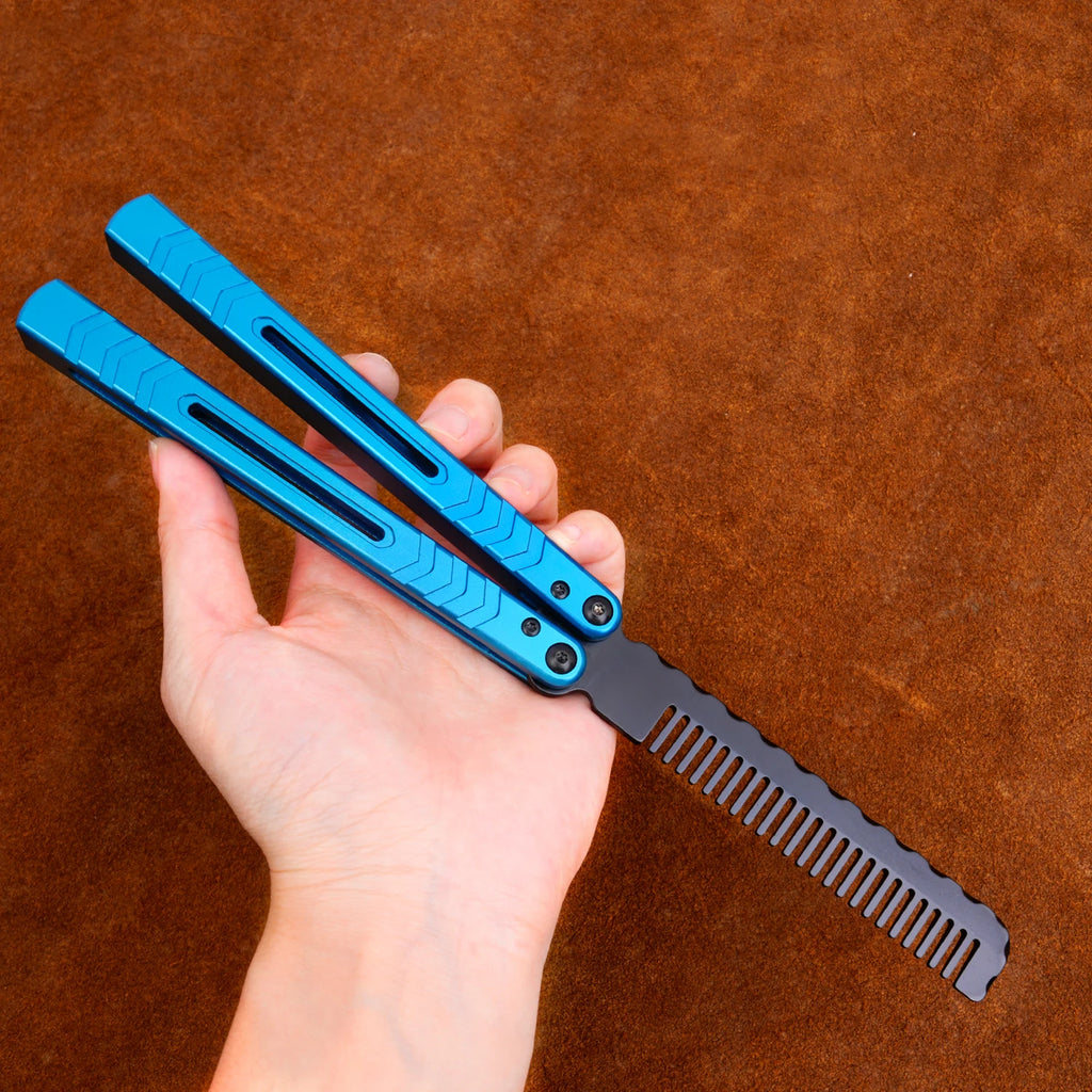 Foldable Comb Aluminium Alloy Handle Stainless Steel Practice Training Butterfly Knife Comb Salon Hairdressing Hair Styling Tool