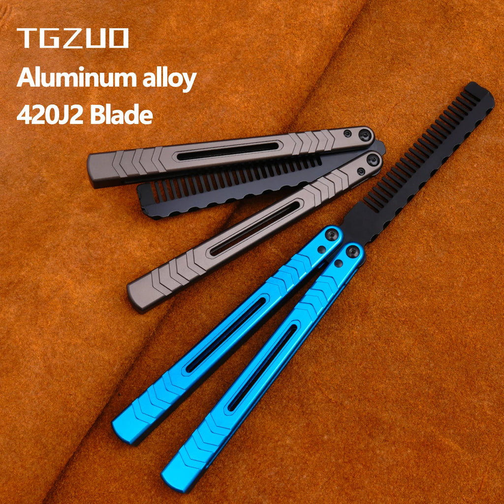 Foldable Comb Aluminium Alloy Handle Stainless Steel Practice Training Butterfly Knife Comb Salon Hairdressing Hair Styling Tool