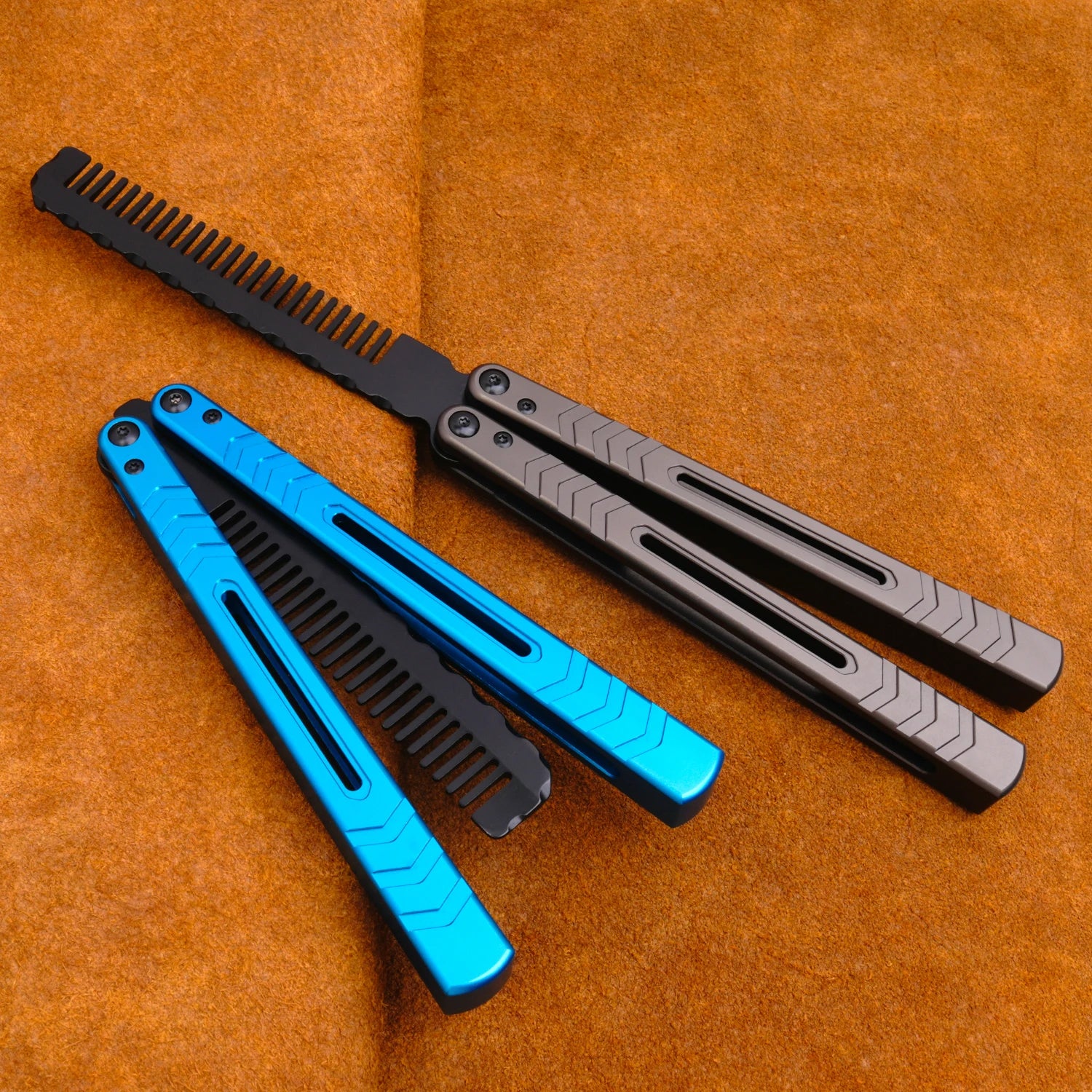 Foldable Comb Aluminium Alloy Handle Stainless Steel Practice Training Butterfly Knife Comb Salon Hairdressing Hair Styling Tool