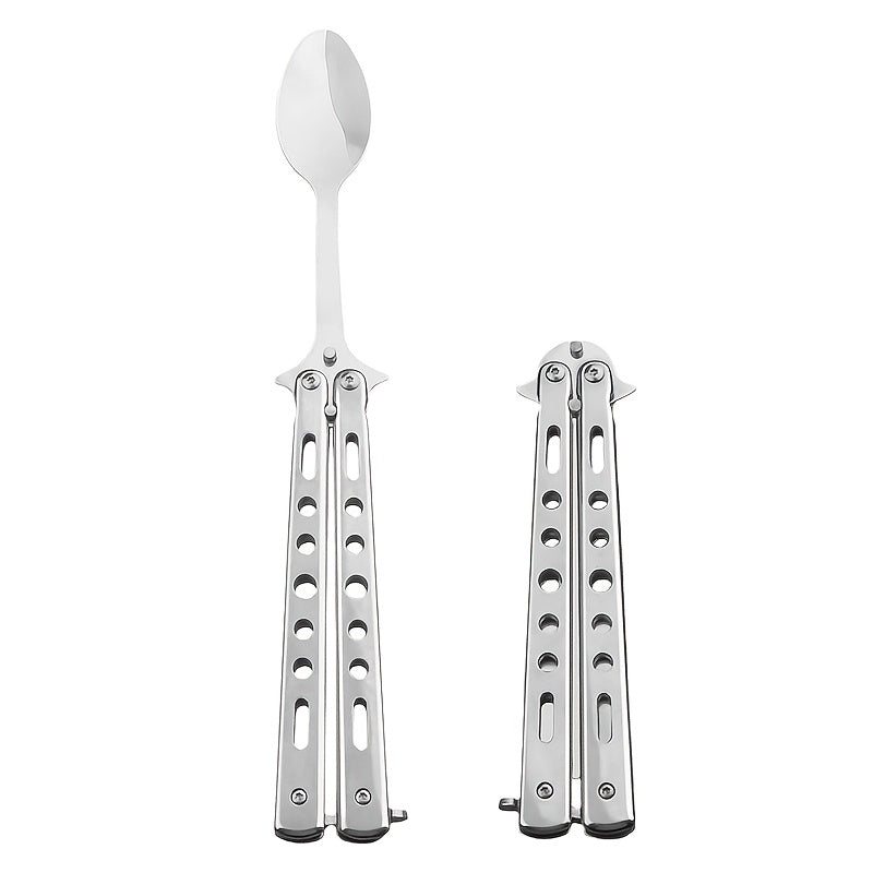 1pc Stainless Steel Butterfly Knife - Folding Butterfly knife with Ergonomic Handle, Safety Lock & Sharp Spoon/Butterfly Blade, Heavy Duty Folding design for Outdoor, Camping, Survival, Everyday Carry (EDC) - Food-Safe, No Po